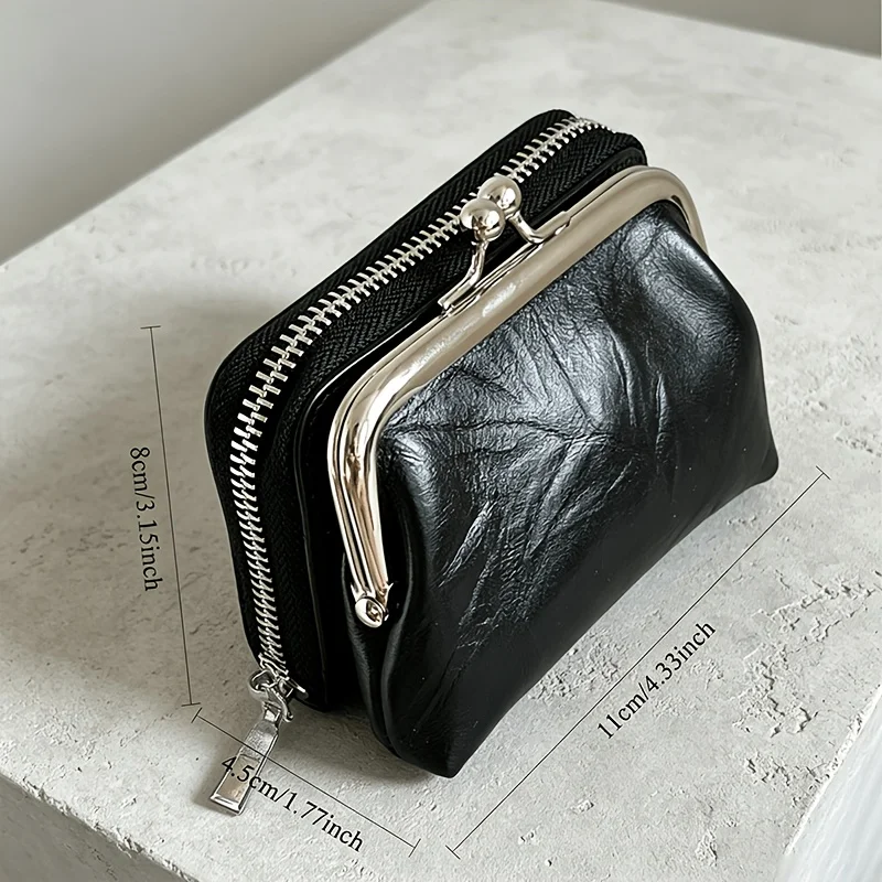 Vintage Pleated Glossy 2‑in‑1 Card Holder,Detachable Kiss‑Lock Coin Pouch, Accordion Multi‑Slot,Portable Compact Pouch for Womem
