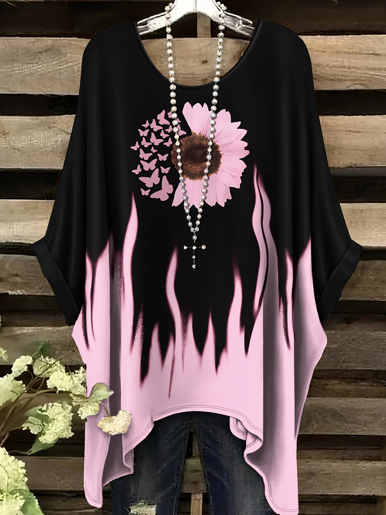 2026 Vintage Floral Print Irregular Fashionable Short Sleeve T-Shirt for Women Women's Clothing Loose and Casual Oversized Top