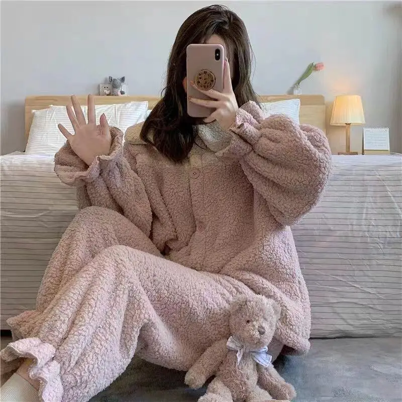 

Новая зимняя домашняя одежда для девочек, женский пижамный комплект из кораллового флиса, комплекты брюк, пижамный домашний костюм, брюки, сексуальный теплый фланелевой комплект для сна