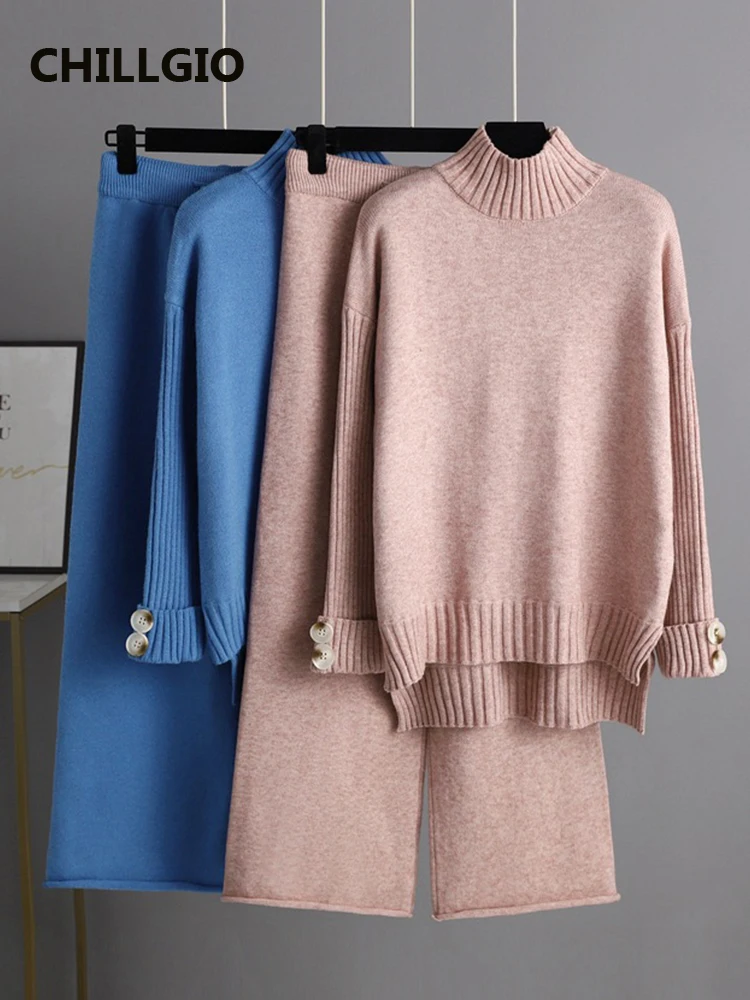 CHILLIGO Women Knitted Sweater Suits Fashion Winter Autumn Mock Neck Knitting Pullovers+Long Wide Leg Pants Thick Two Piece Set