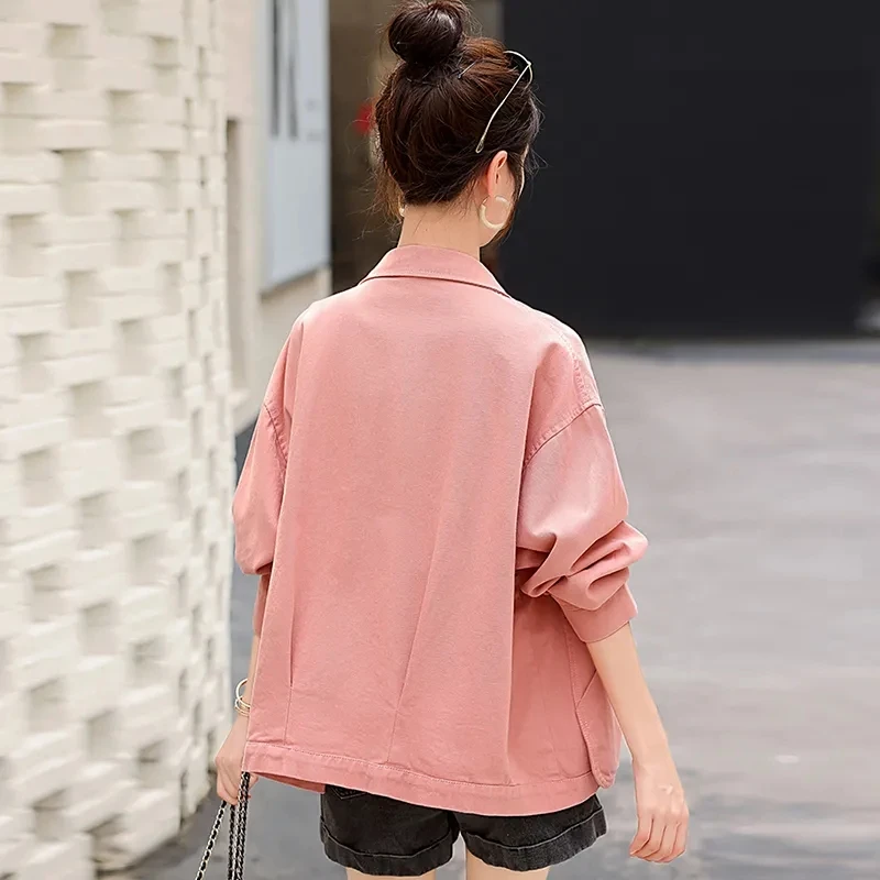 Lazy Tooling Big Pocket Women's Denim Jacket 2025 Spring Autumn New Female Korean Fashion Loose Coat Casual Cowboy Outwear