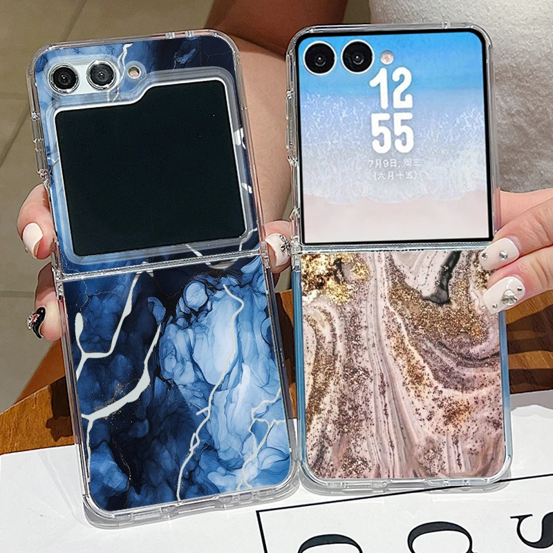 Colorful Marble Pattern Phone Case For Samsung Galaxy Z Flip 7 FE 7 6 5 4 3 5G Flip7 Flip6 Metal Buckle Clear Folding Soft Cover