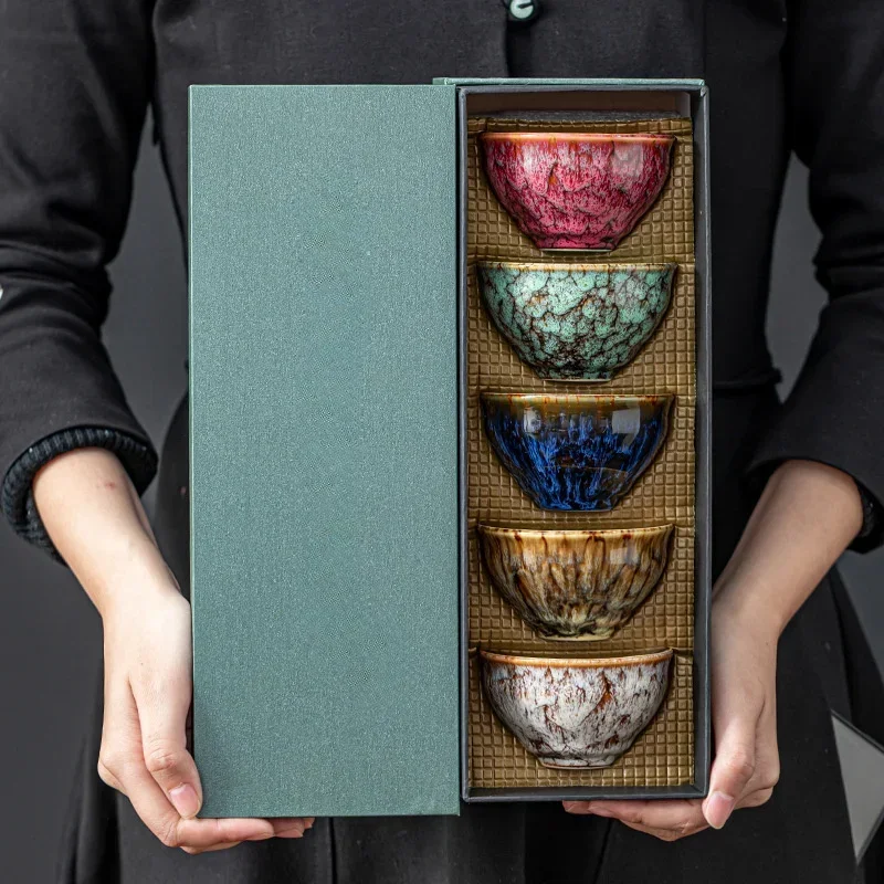 A Set of Handmade Ceramic Teacups, A Total of 5 Pieces, Traditional Kiln-changed Wuxing Kung Fu Teacup, Jianzhan Style