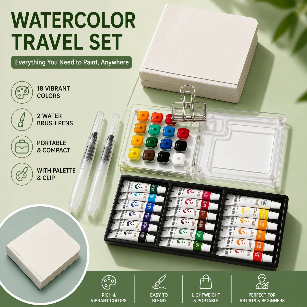 Pocket Size 18 Colors Watercolor Paint Set, Mini Travel Watercolor Kit with Water Brushes, Sketchbook, Palette Art Supplies