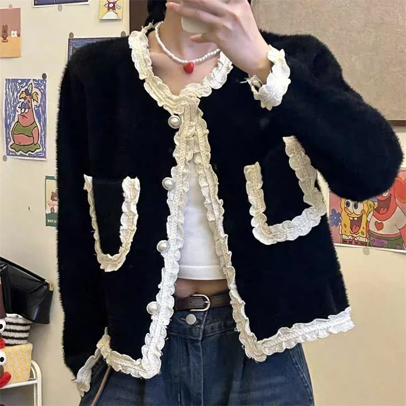 

Imitation Mink Velvet Wind Black Cardigan Jacket lace Sweater Short lace Spring and Autumn Single-breasted Coat Knitted Coat New