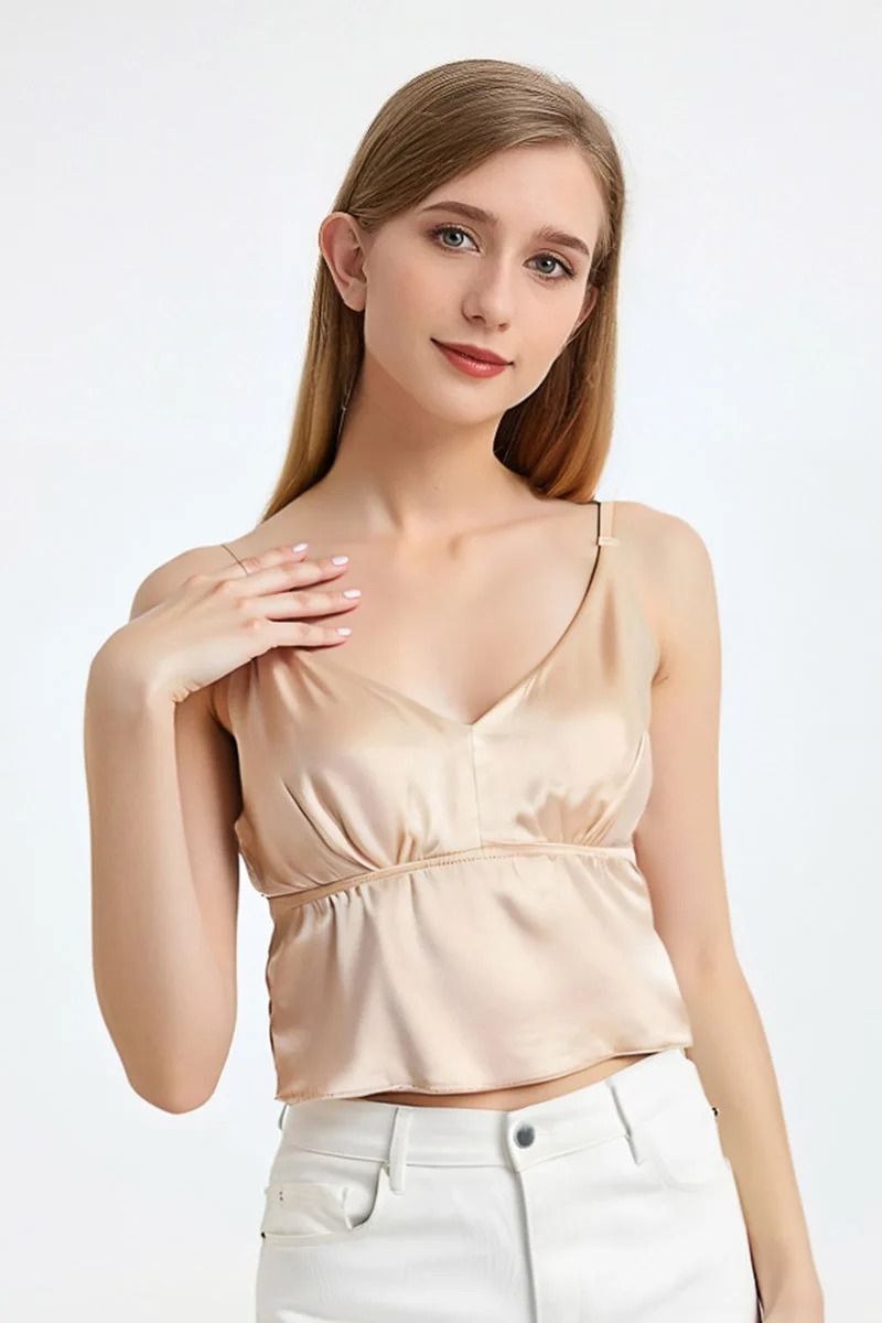 Spring Summer New Silk Elastic Satin V-Neck Camisole Mulberry Silk Seamless Wireless Bralette Adjustable Strap Women's Lingerie