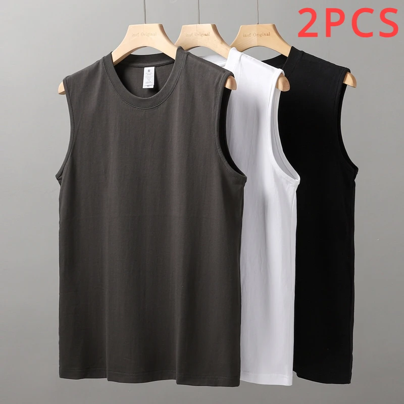 2pcs Solid Color Cotton Vest Men's White O-Neck Loose Sleeveless T-shirt Basic Models All-match Sports Running Tank Tops