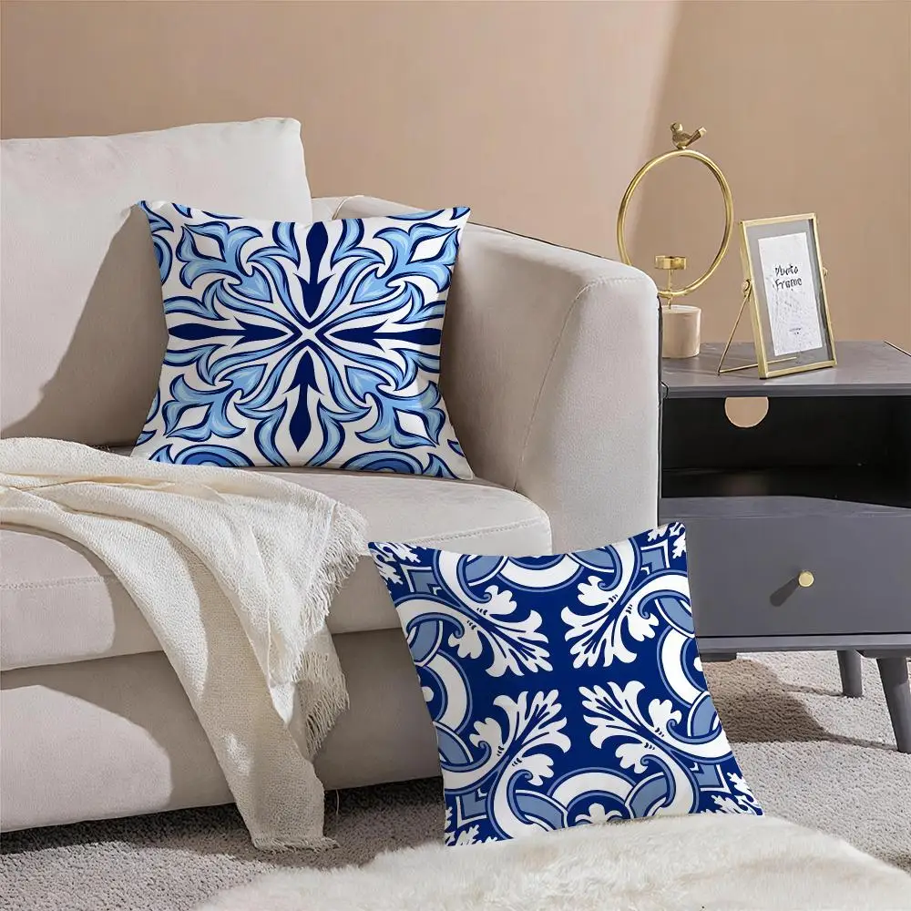 Fresh Ornate Art B-Blue Tile Cushion Cover Sofa Home Living Room Car Decor Washable Decorative Square Pillowcase