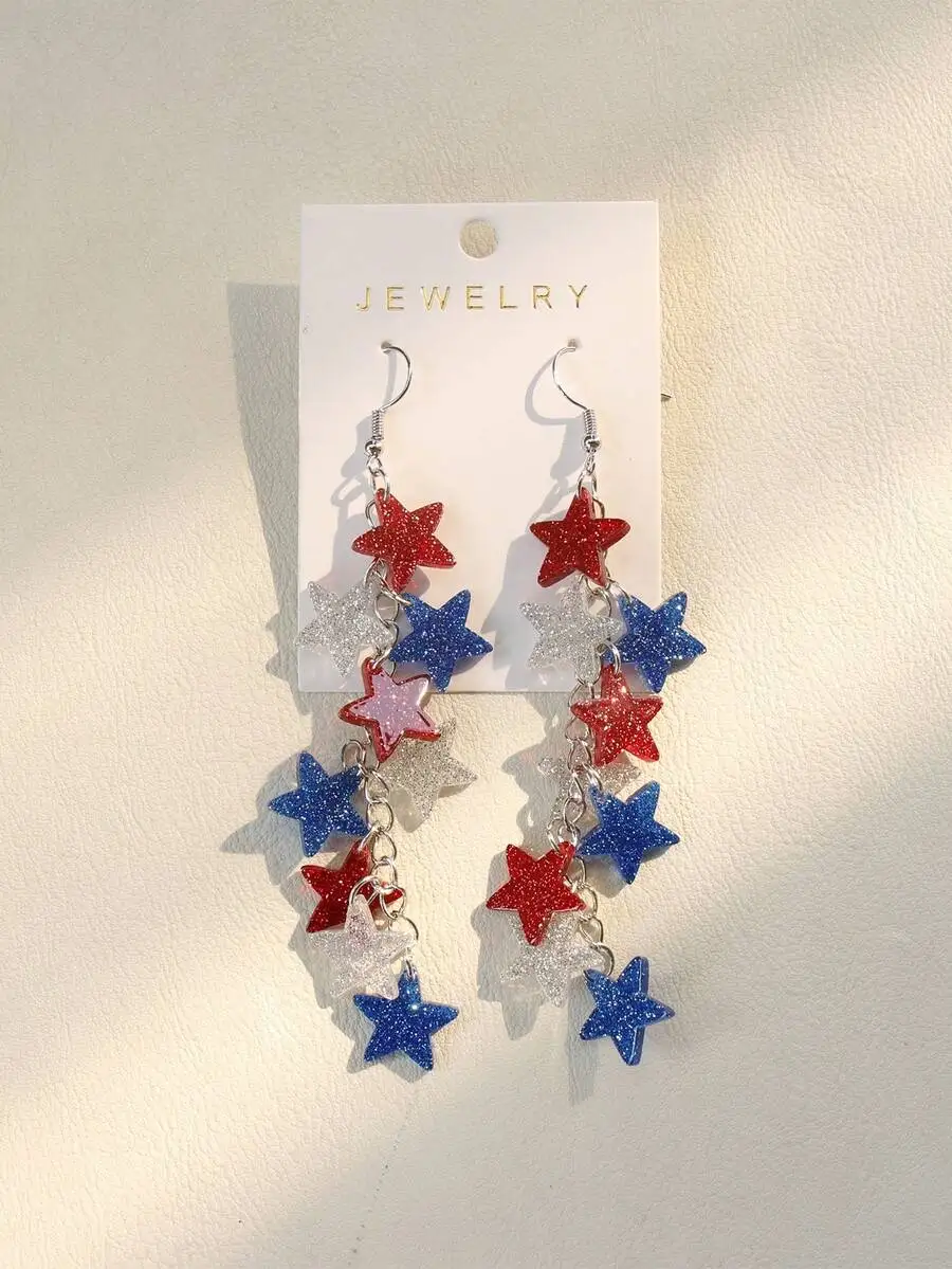 Acrylic Star Drop Earrings For Women Red Blue White Glitter Patriotic Fashion Jewelry