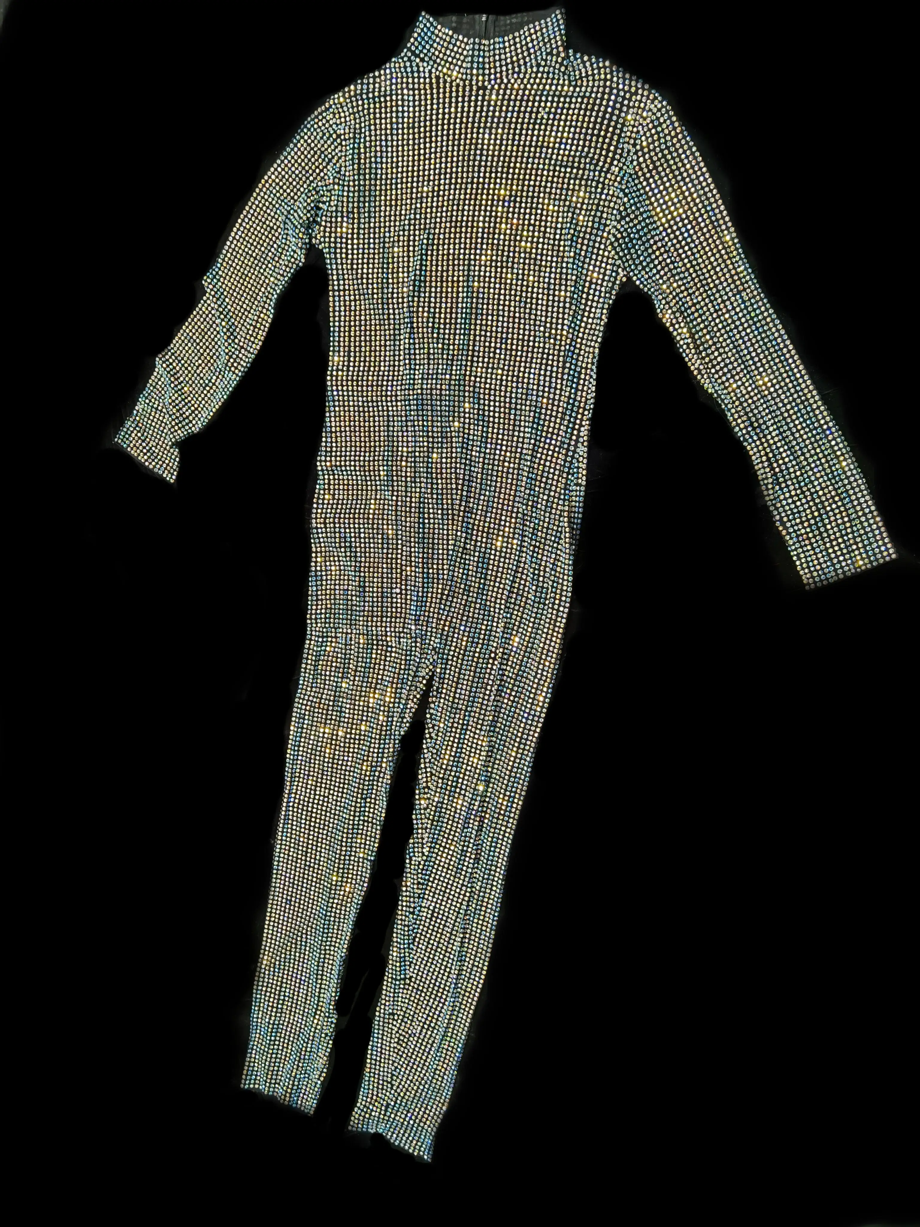 Mode volledige glinsterende steentjes masker hoofddeksel jumpsuit lange mouwen prestatie feest luxe kostuum bodysuit outfit