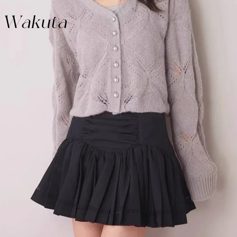 WAKUTA Fall Elegant High-waisted A-line Y2k Skirts Japanese Commuter Sweet Ballet Waisted Pressed Wrinkle Mini Skirt Goth Skirts