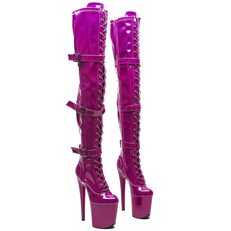 

Leecabe 20CM/8inches Patent Upper Women Fashion High Heel Platform Lace Up Thigh High Boots Pole Dance Boots