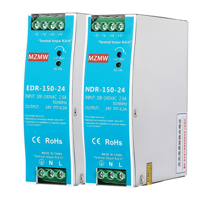Imagem -05 - Mzmw Edr150 Ndr150 Industrial Trilho Din Fonte de Alimentação de Comutação 150w 12v 24v 48v ac dc Edr-15024 Única Saída Mini Fonte Potência