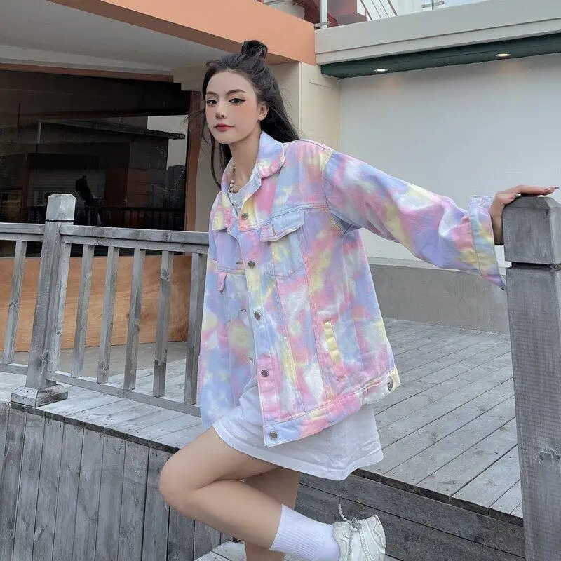 

Pink Tie-Dye Denim Jacket for Women & Girls Vintage Graffiti Print Casual Jacket Spring/Autumn Fashion Trendy Student Style