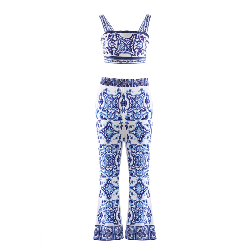 

Retro Blue And White Porcelain Small Sexy Two-piece Suit Pants Waist Short Camisole Female Summer Micro-flare Pants S-XXL