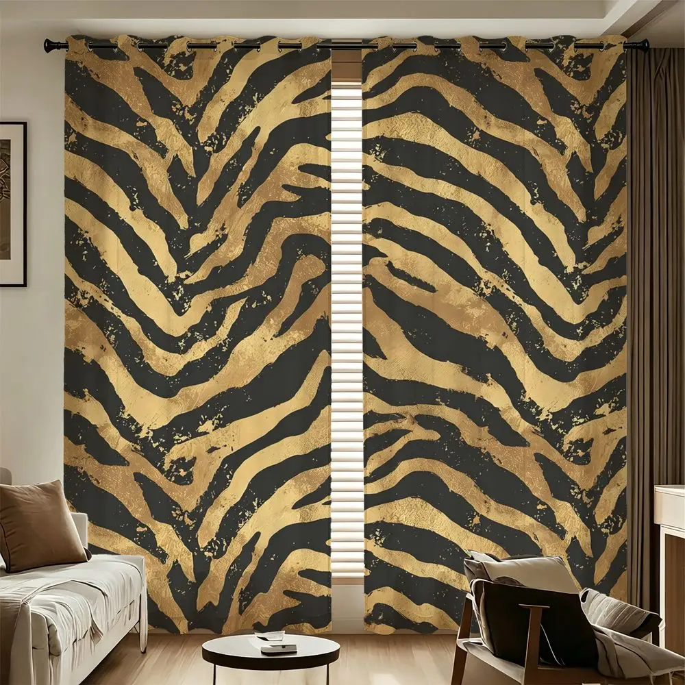 2 Panels Gold Black Zebra Stripes Printed Curtains Luxury Animal Pattern Window Drapes For Living Room Bedroom Home Decor