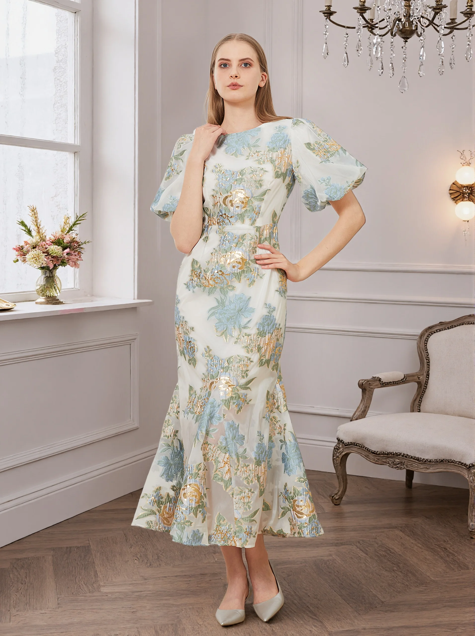 DEVCHATA elegante vestido largo de cola de pez de Organza Floral Maxi vestido de noche de sirena de lujo manga abombada vestido de fiesta ajustado