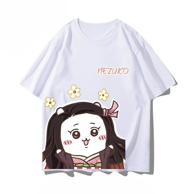 Kawaii Usagi Zenitsu Hybrid Graphic T-shirt Demon Slayer X Chiikawa Cartoon Print Solid White Cotton Oversized Tees Anime Short
