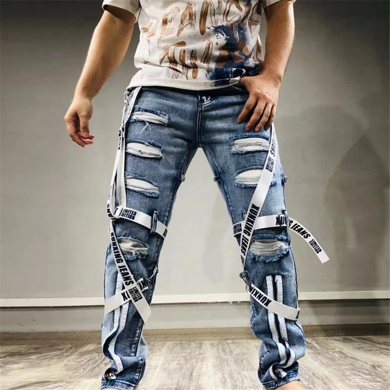 Techwear 2024 Spring New Mens Patch Webbing Denim Trousers Foot Zipper Ripped Jeans Hip Hop Vintage Skinny Jeans Man Cargo Pants