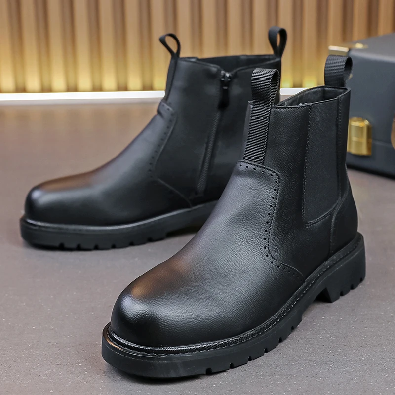 

High Top Chelsea Short Boots for Men PU Round Toe Simple Fashionable Breathable Comfortable Side Zipper Casual Men Boots