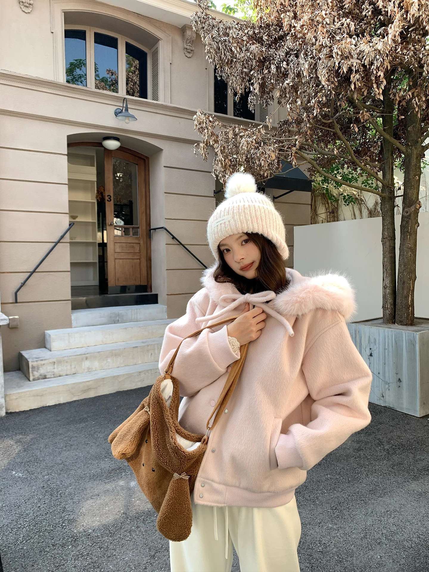 

Thi Woolen Coat with Bow Tie Large Fur Collar Hooded Sweet Sle Women's Winter New Cotton Clothes Youth Loose Fit Long Sve