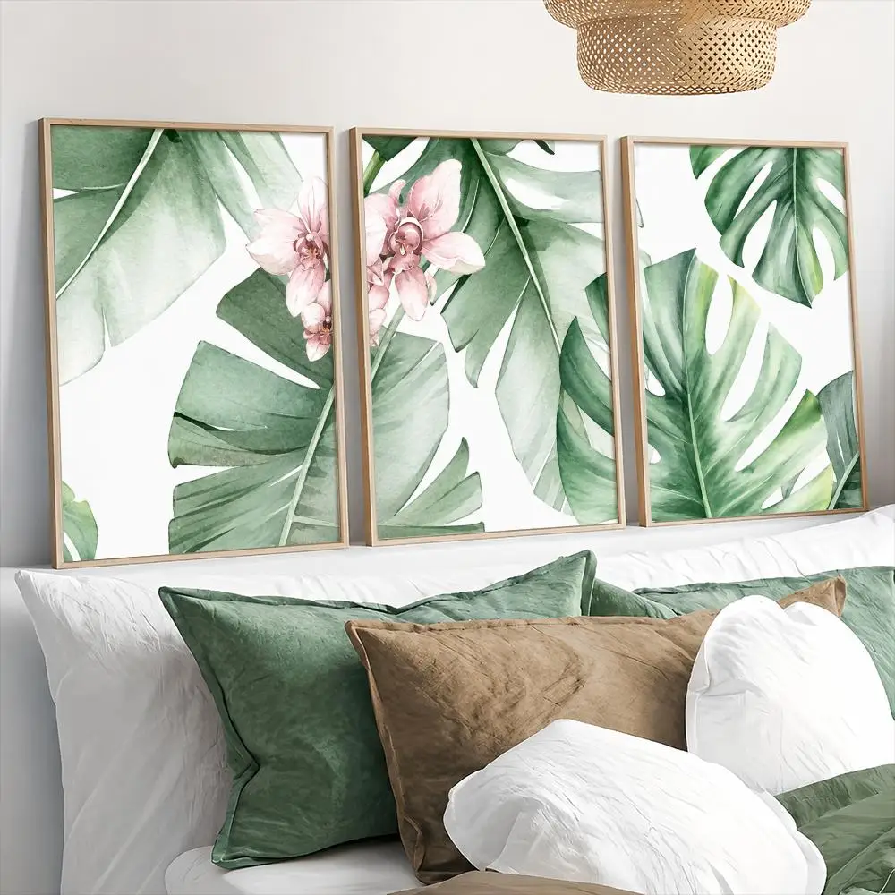 Watercolor Monstera Orchid Leaves Painting Calligraphy 3 PCS Canvas Wall Art Prints for Living Room Decor Modern Wall Decals