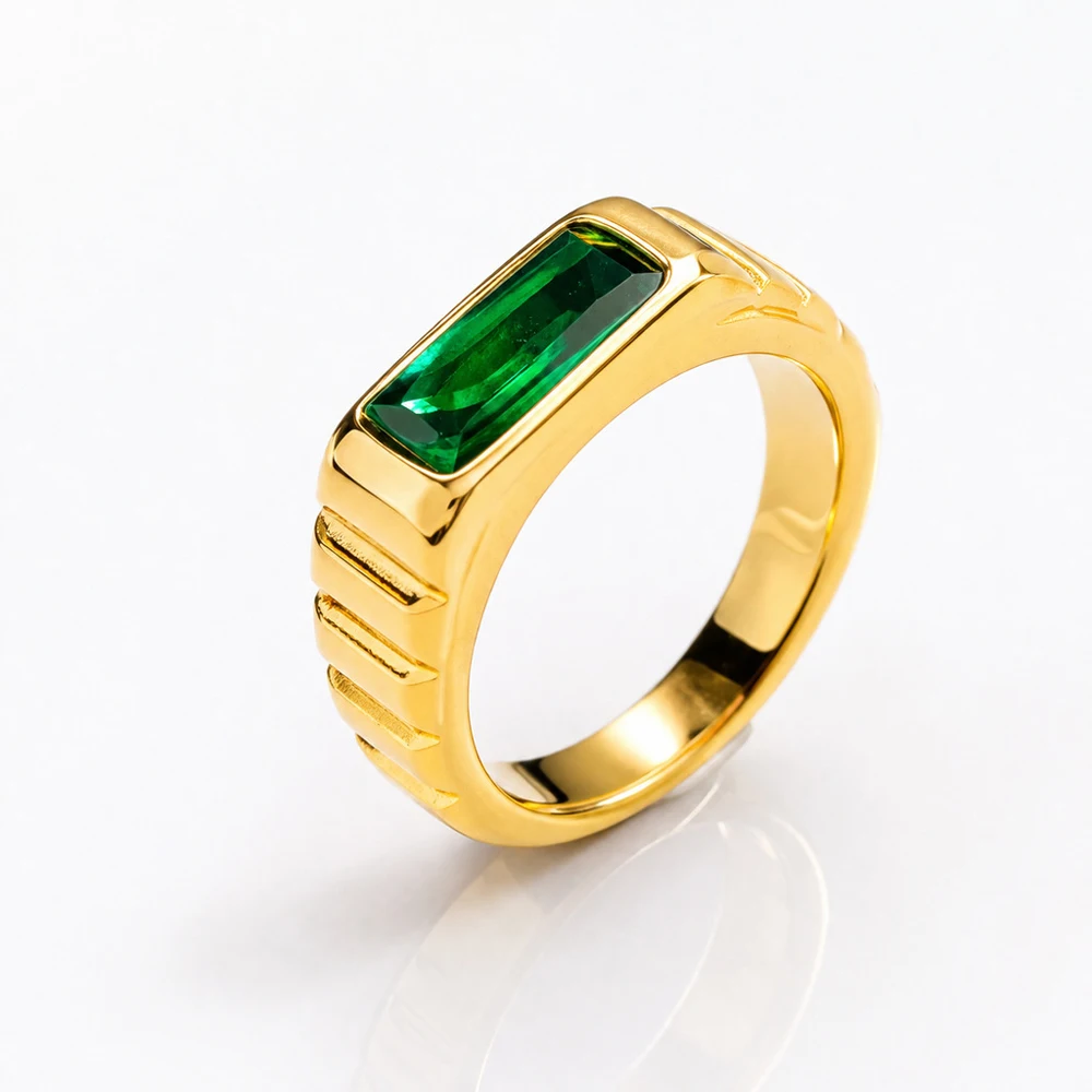 Vintage Luxus Smaragdgrüner Edelsteinring für Herren, Edelstahl, breites Band, rechteckiger Ring, Retro-Streifendesign, Statement-Schmuck – Detail 14