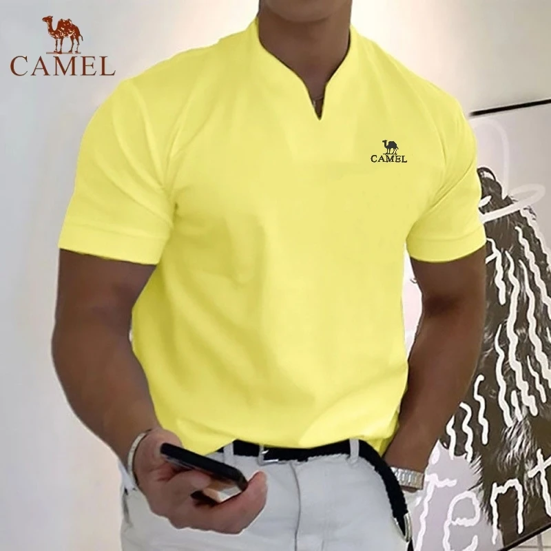 CAMEL-Camisa polo de manga curta bordada masculina, algodão, decote em v, casual, negócio, respirável, moda verão, high end