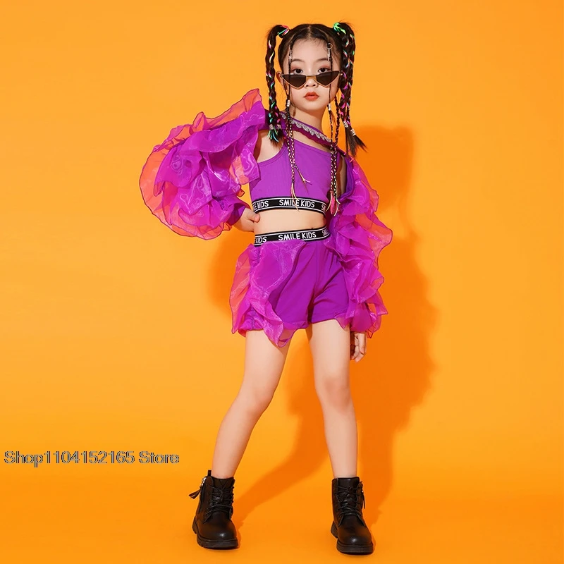 Abiti da ballo Abbigliamento da spettacolo teatrale per concerti 2023 Nuove ragazze Costume da ballo jazz Viola con maniche soffici Vestito per bambini Hip Hop