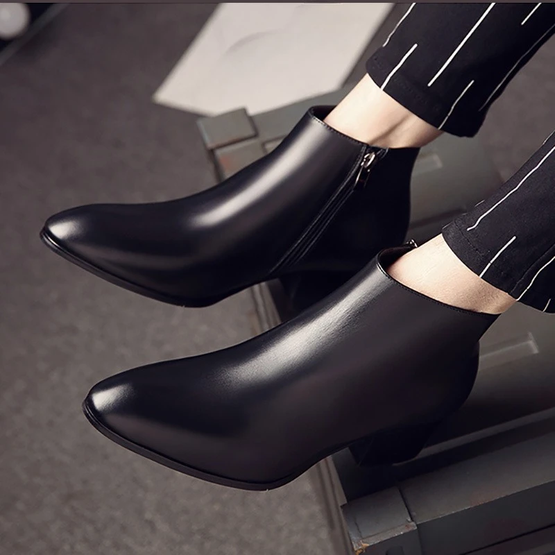 Winter Warm Mens Ankle Boots 5 Cm Height Luxury Comfortable Quality Genuine Leather Vintage Pointed Toe Party High Heels Man