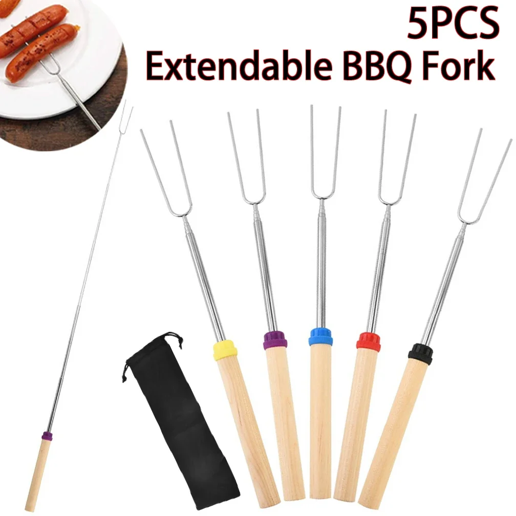 5 pçs/set garfos de churrasco ao ar livre telescópica alça de madeira espetos acampamento grelha de aço inoxidável extensível marshmallow churrasco varas