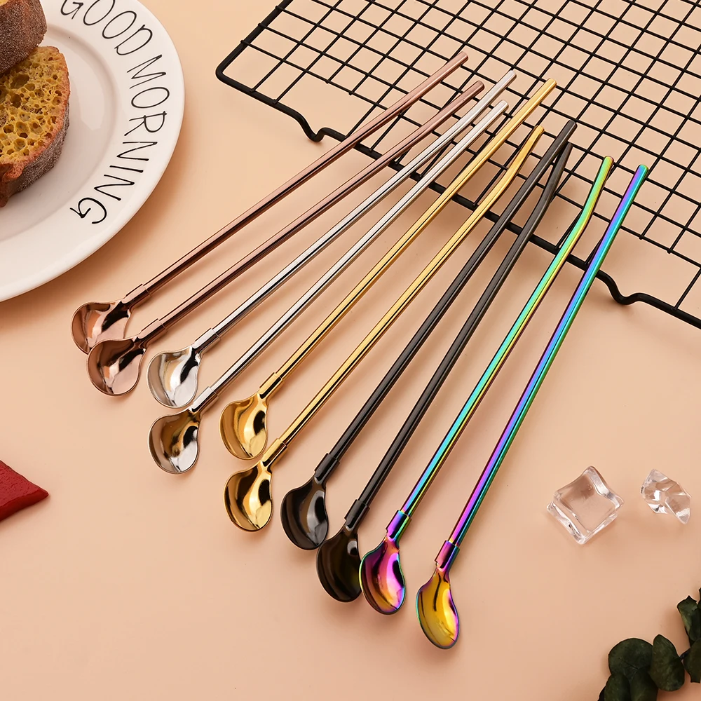 7Pcs Milkshakes Cocktails Coffee Juice Straw Set 2-in-1 Stainless Steel Straw Spoon Set Reusable Drinking Straws Bar Accessories