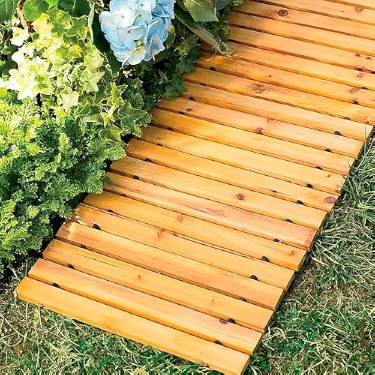 8 ft Flexible Cedar Wood Garden Path | 18 in Wide Roll-Out Landscape Walkway | All-Terrain Weatherproof Outdoor Stepping Surface