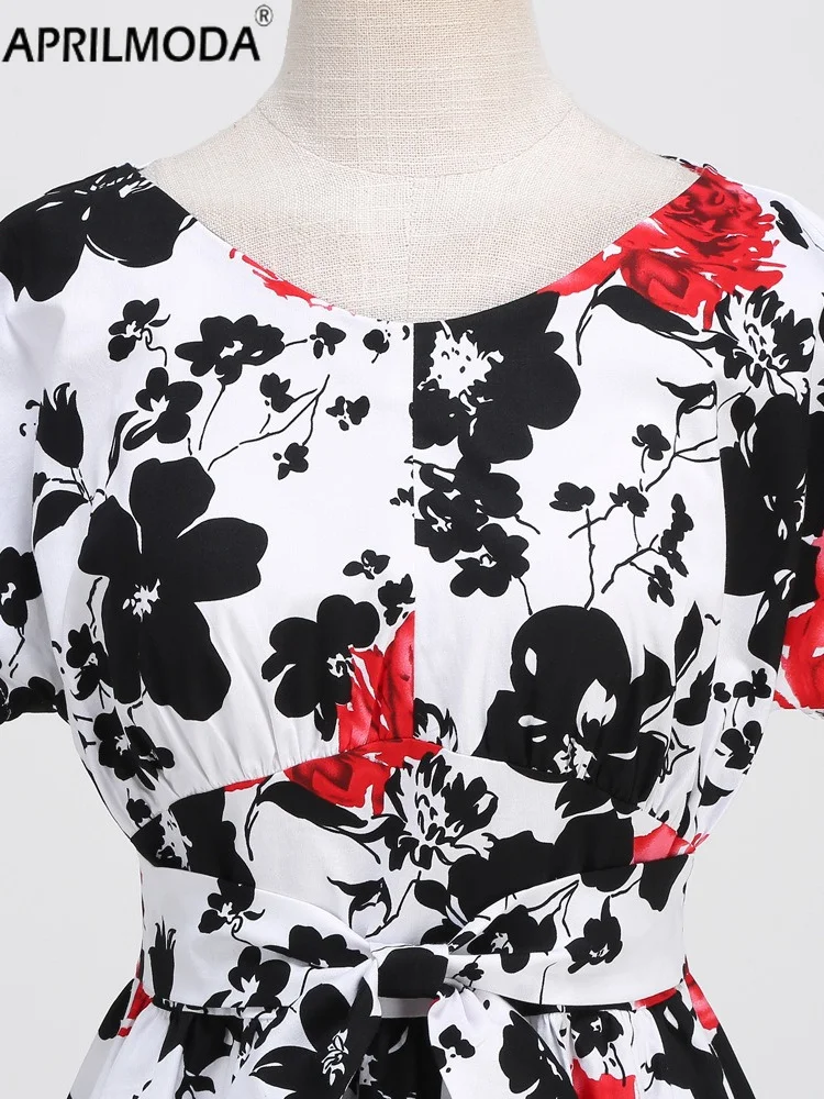 50er Jahre Blumendruck Vintage Sommer Freizeitkleid mit Gürtel Elegant Kurzarm Urlaub Strand Midi Lange Runway Kleider Abendkleider