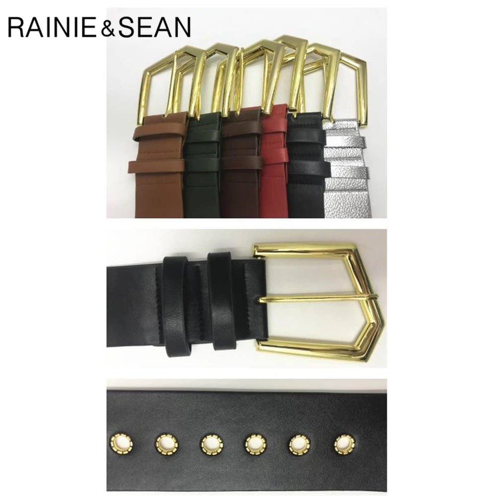 Rainie Sean Vintage Wanita Sabuk Lebar Merah Pinggang Sabuk Wanita Pin Gesper Kulit Imitasi Wanita Celana Belt Aksesoris Pakaian