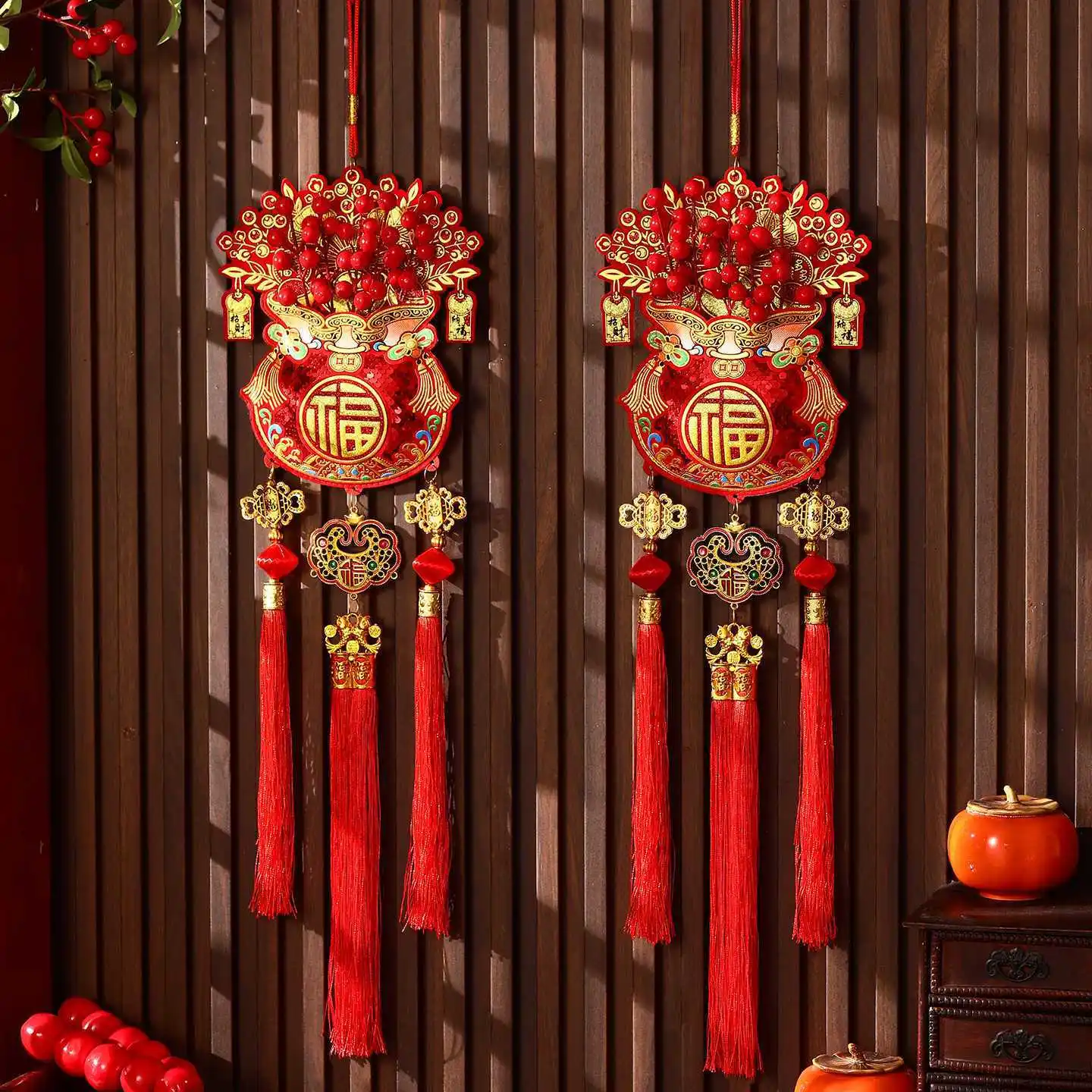 2 Pieces 2026 New Red Fruit Money Bag Good Fortune New Year Decoration Housewarming Indoor Living Room Pendant