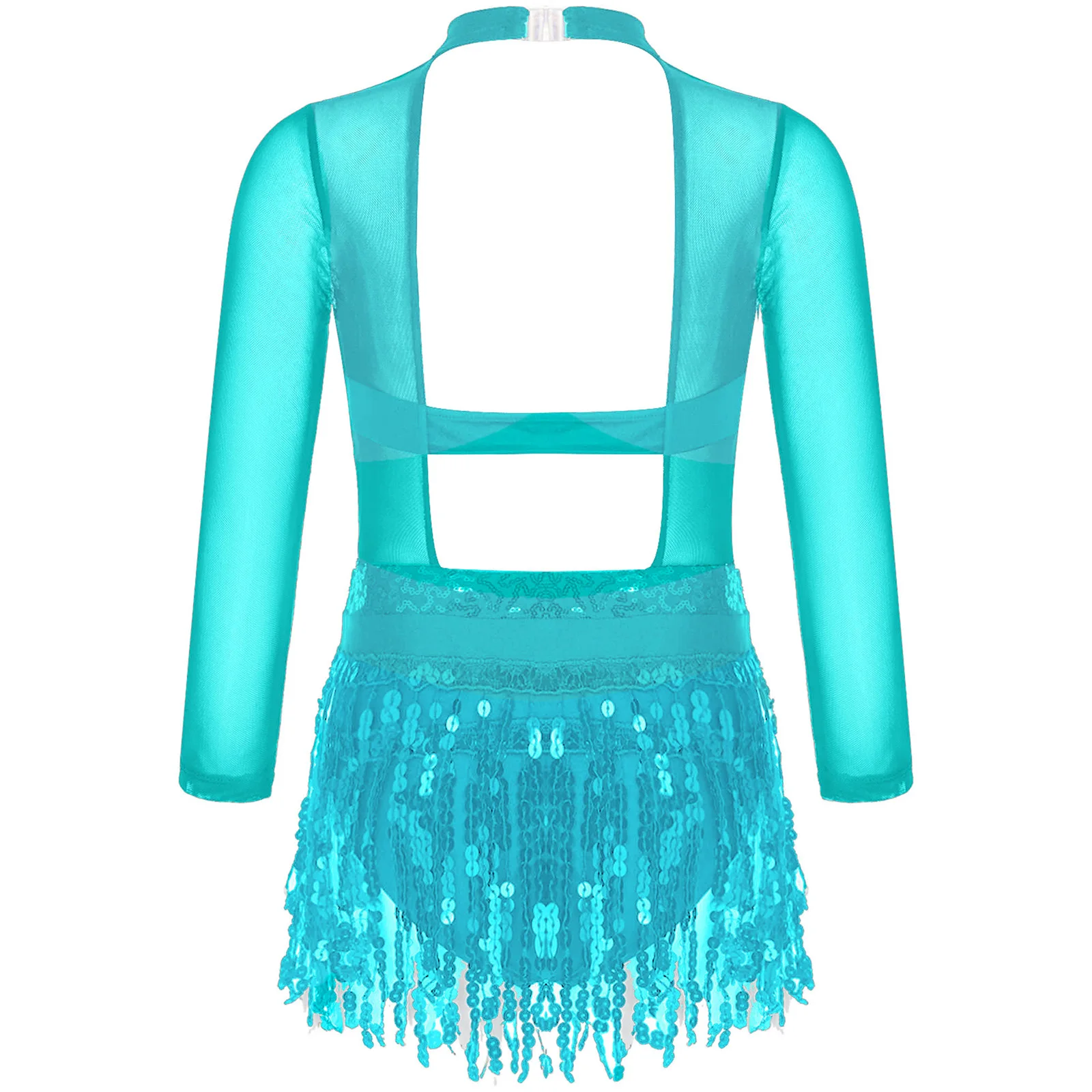 Girls Tassels Latin Jazz Dance Dress Mesh Long Sleeve Shiny Sequin Leotard Figure Skating Ballroom Cha Cha Tango Rumba Dancewear view 4
