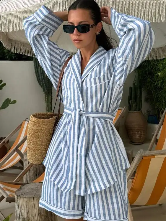 

Удобный повседневный женский длинный топ в полоску с поясом и воротником-свеком, свободный комплект из двух предметов, весна 20л.