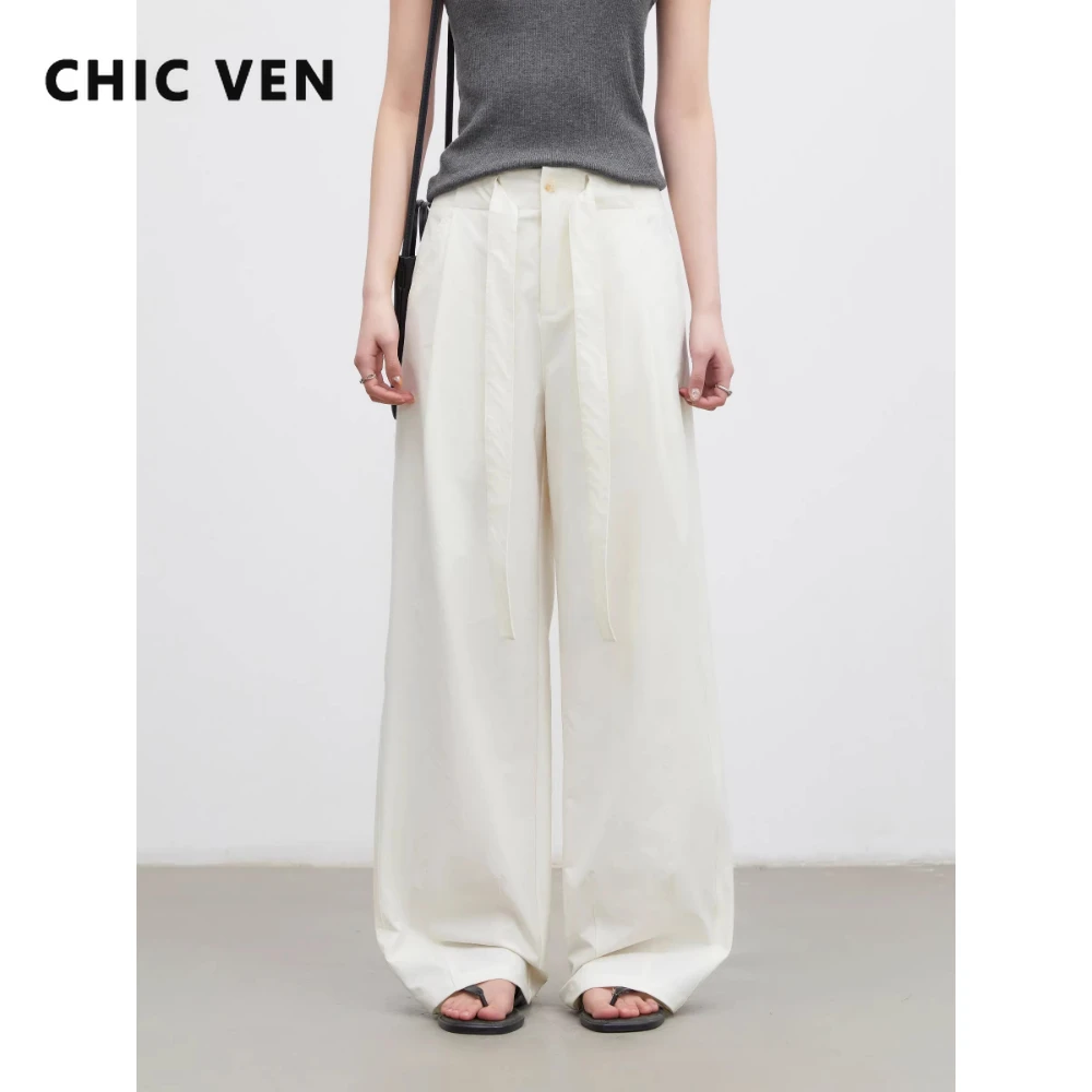 

Модные женские брюки CHIC VEN: однотонные, свободные, повседневные, новые, в стиле ретро, с поясом, плиссированные, широкие штанины, весна-лето 2026