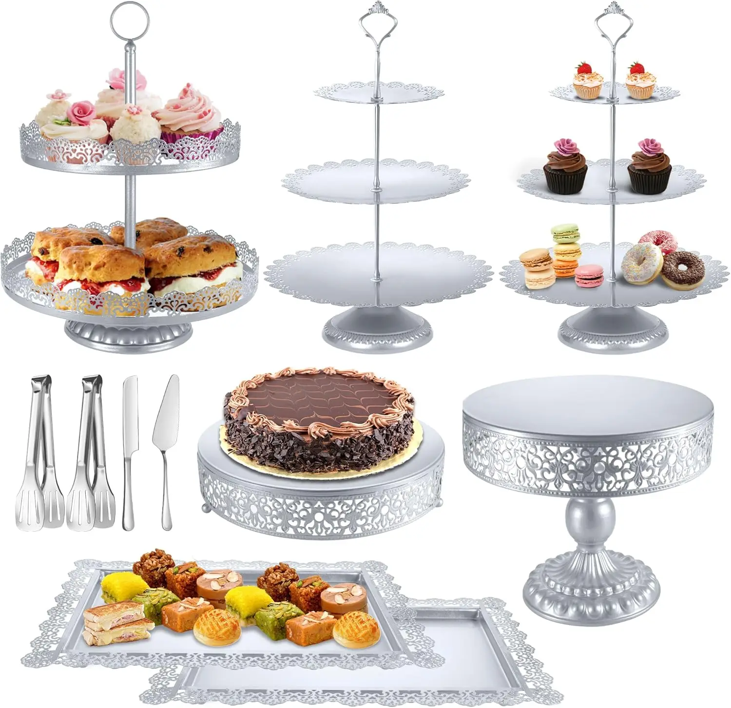 Silver Cake Stand Sets, Metal Dessert Table Display Tiered Cupcake Holder Food Fruit Donut Plate Serving Tower Tray Platter With