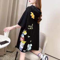 #0603 Black White Purple Hooded T Shirt Women Cotton Cartoon Printed T Shirt Short Sleeves Loose Long Streetwear T-shirt Summer