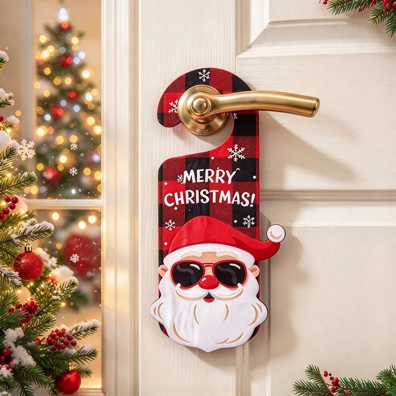 Christmas Wooden Door Knob Hanging Sign Tag Santa Claus Snowman Pattern Holiday Party Home Decor Festive Winter Ornament Plaque