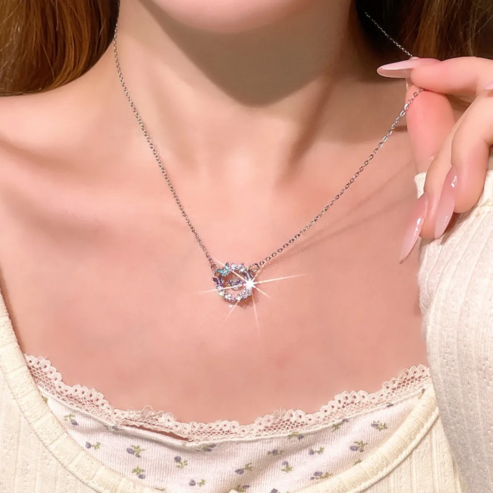 Luxury Charm 925 Sterling Silver Shiny Zircon Blue Butterfly Beating Heart Pendant Necklace for Women Girls Exquisite Jewelry