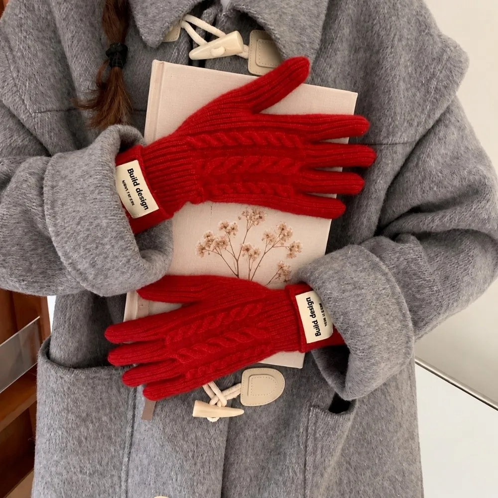 Polyester Cable Knitted Gloves Long Cuff Design One Size Touch Screen Gloves Solid Color Warm Lining Full Finger Gloves Winter