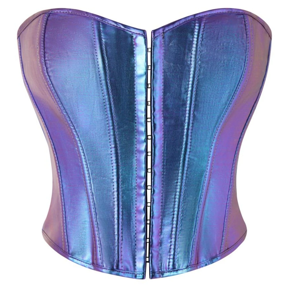 Top Corset Holográfico Azul Púrpura para Mujer, Corsé Corto Ajustado con Costura Vertical para Festivales Rave