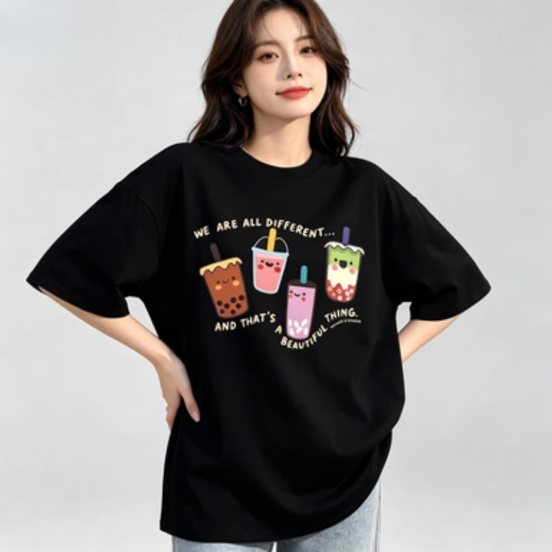 Cotton Women  T Shirt, Cute Cartoon Bubble Tea Print With Quote  And That's A Beautiful Thing Short Sleeve Tee Multi Shades