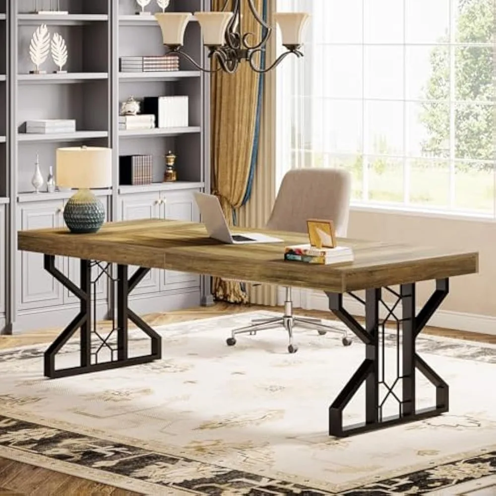 

63-Inch Large Executive Office Desk, Rustic Brown Computer Desk Study Writing Table with Extra Thick Wooden Tabletop and Metal