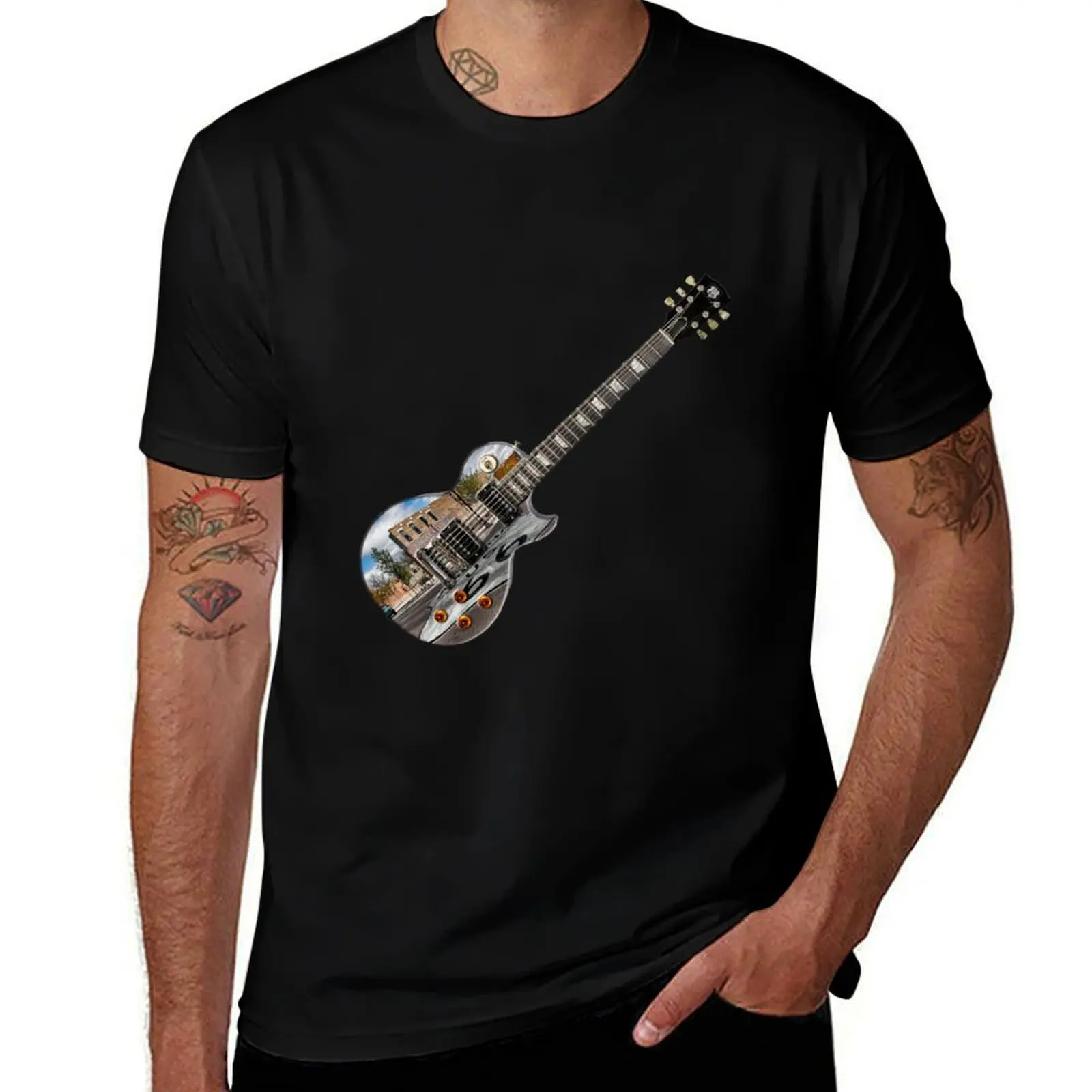 Winslow Arizona Route 66 Guitar at 45 Degree Angle T-Shirt Minimalist Plain Crew Neck T-Shirt