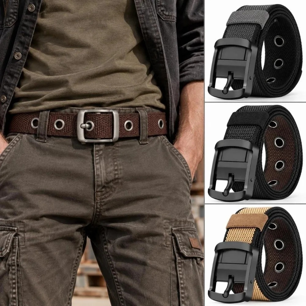 120cm Length Nylon Waist Belt Double Sided Lightweight Reversible Belt Rotatable Pin Buckle Adjustable Casual Trouser Belt