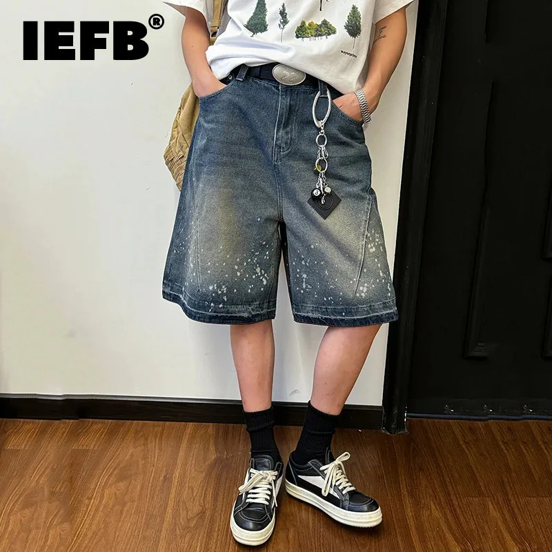 IEFB Vintage Men's Denim Shorts Splash-ink Contrast Color Wide Leg American Design Loose Straight Washing Male Bottom New 9W282